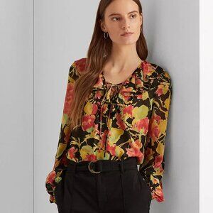 RALPH LAUREN Floral Georgette Sheer Sleeve Ruffle Collar Blouse Office Fairy LRG